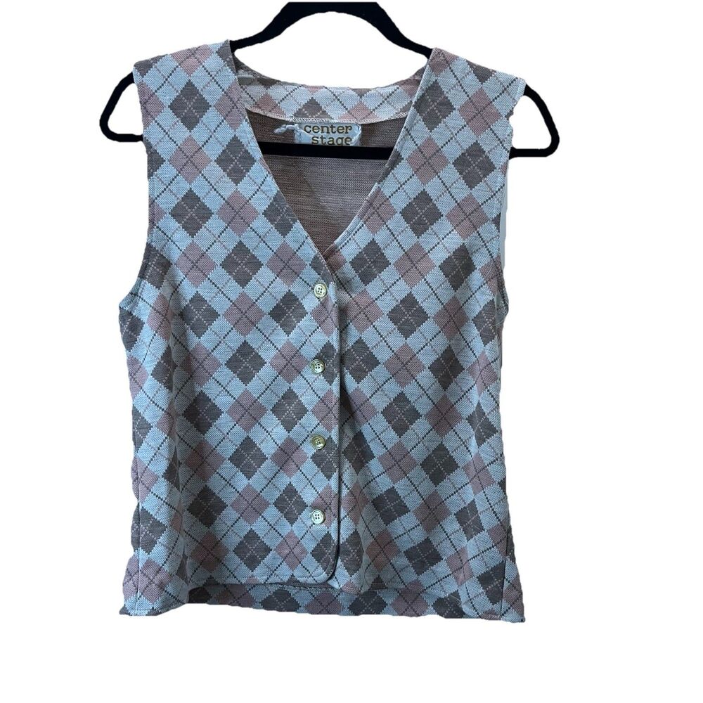 Center Stage Vintage Button Up Sleeveless Vest Argyle Pink Diamond Womens Size S
